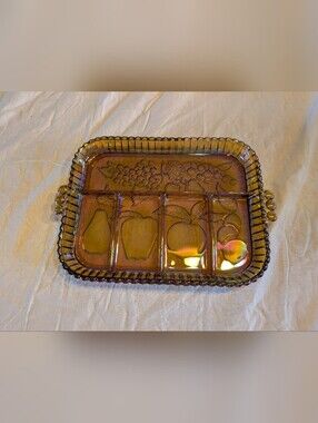 2/40$ Indiana Glass Iridescent Amber Carnival Glass Divided Serving Tray